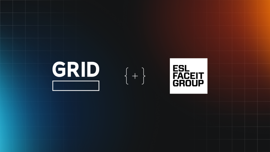 GRID and ESL FACEIT Group logos on a dark gradient background with grid lines and a code bracket symbol in between.
