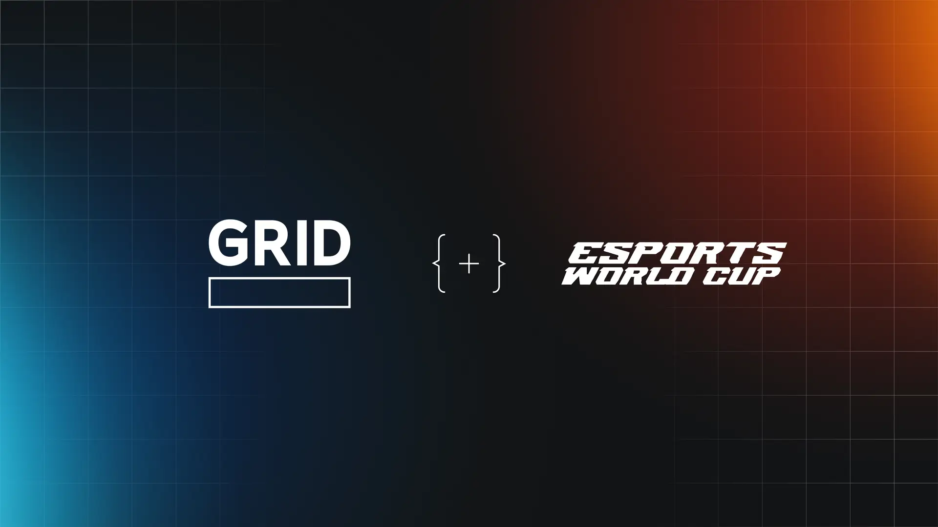 GRID and Esports World Cup logos on a dark gradient background transitioning from blue on the left to orange on the right, connected by a centered icon with curly braces and a plus sign, representing a tech partnership.